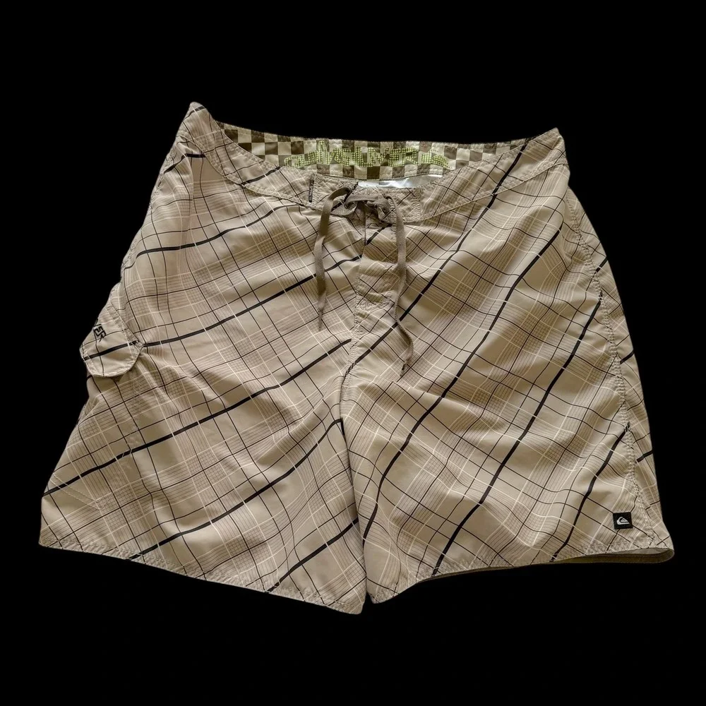 Y2K Quiksilver Plaid Board Shorts Tan Black Cargo Pocket Swim Trunks Size 40